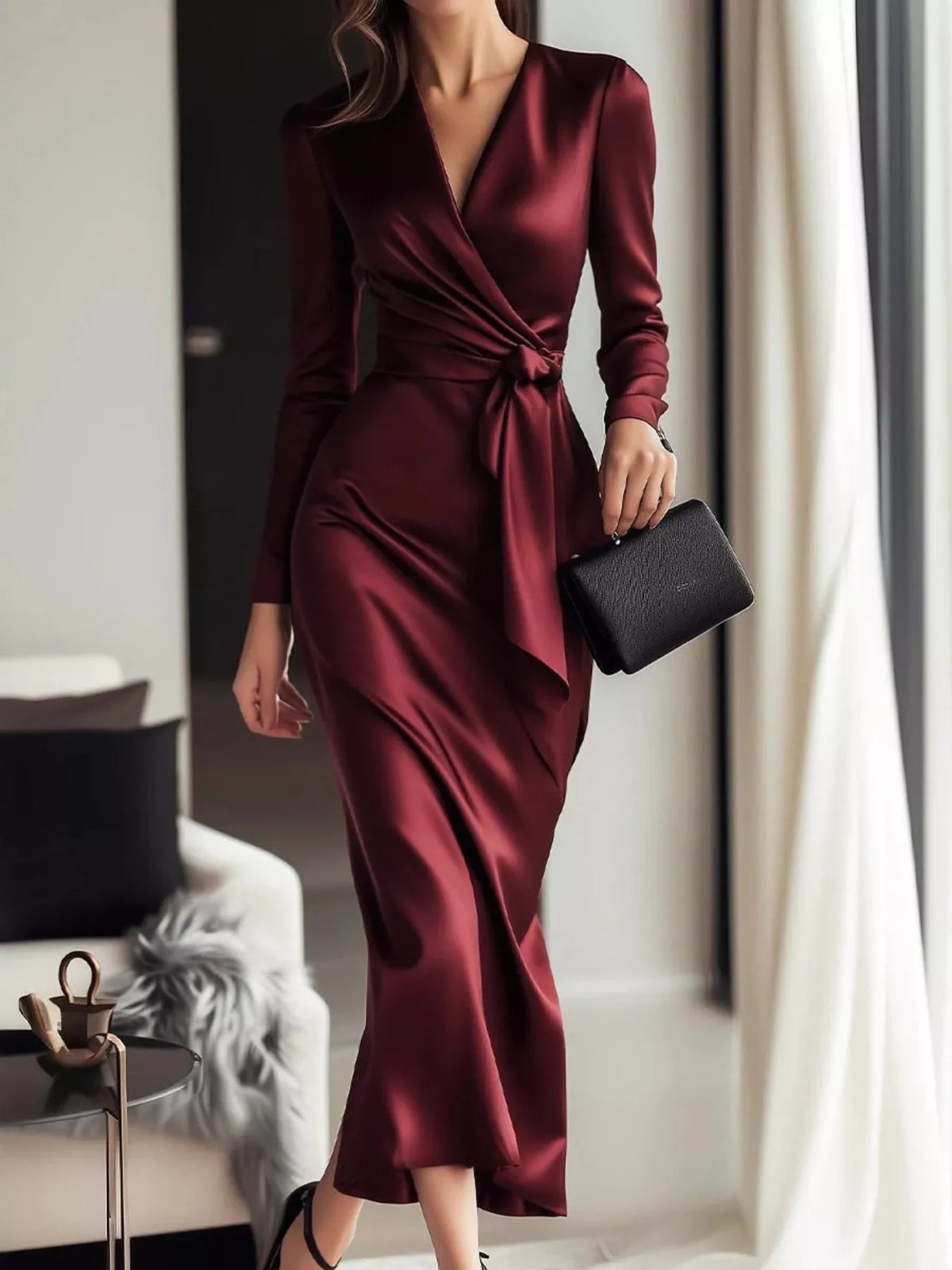 The Satin Wrap — Long Sleeve Midi