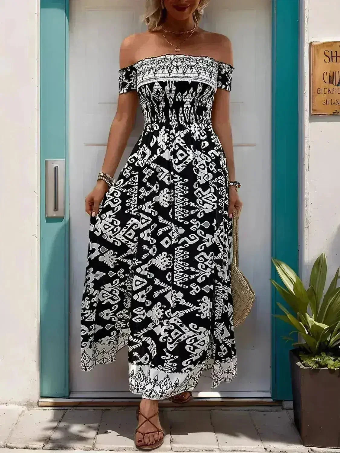 Off-Shoulder Slit Dress - Flowy Viscose Dress | Femstylo