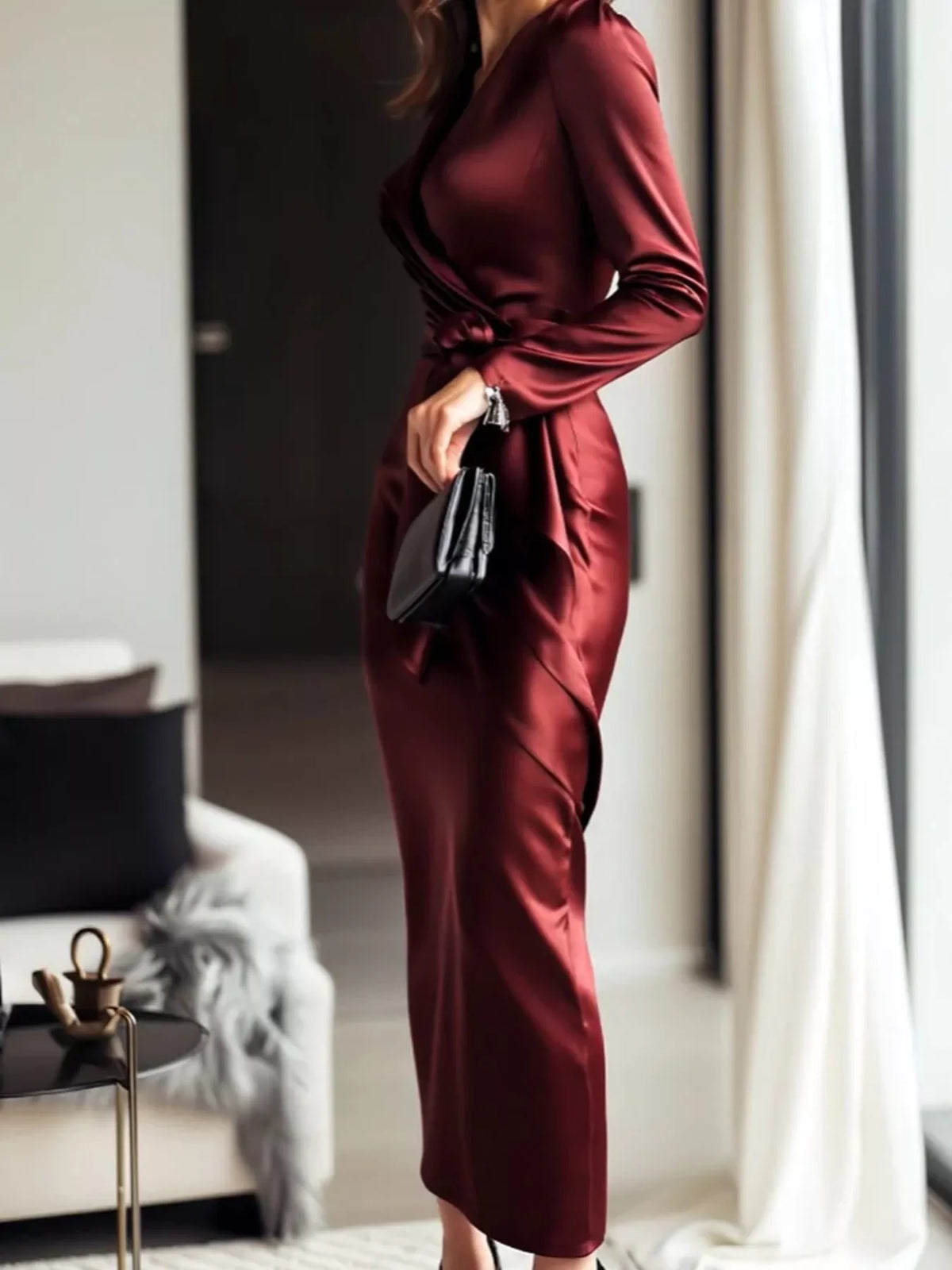 The Satin Wrap — Long Sleeve Midi