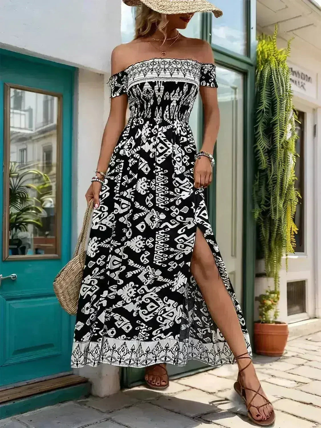 Off-Shoulder Slit Dress - Flowy Viscose Dress | Femstylo